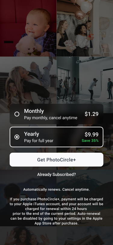 photocircle+ sign up screen with already subscribed option