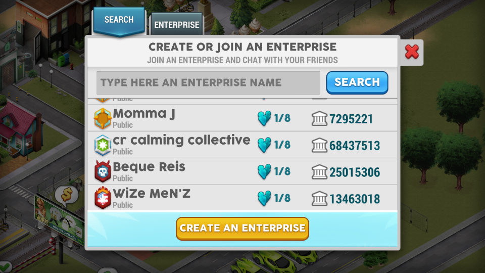 Uma imagem de uma lista de empresas na guia Enterprise Search.